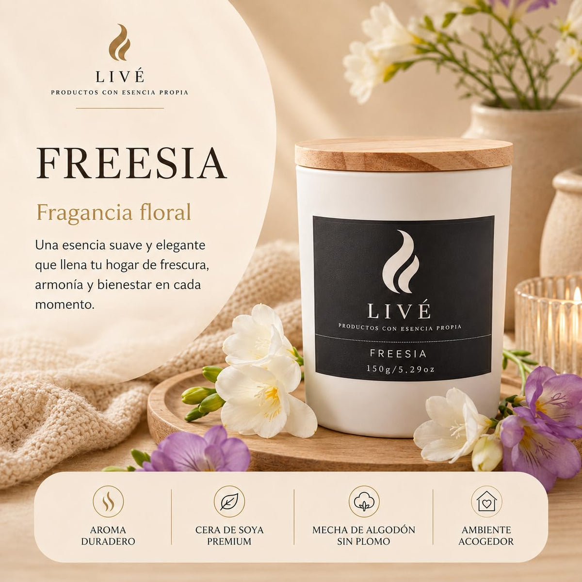 Vela de soja de fresia LIVÉ con tapa de madera