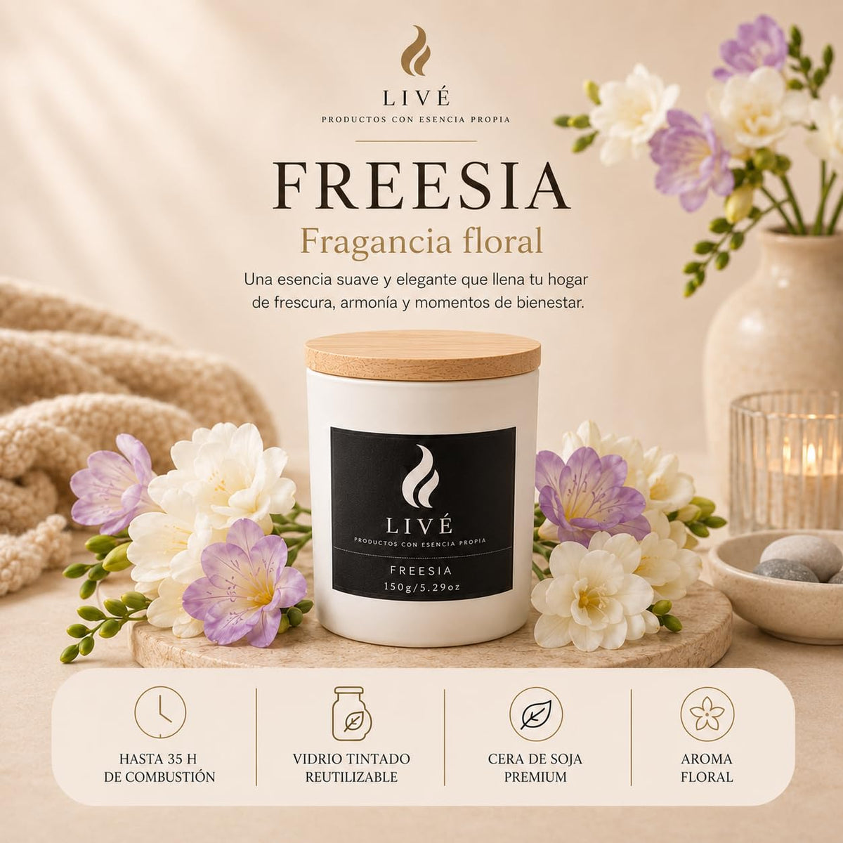 Vela de soja de fresia LIVÉ con tapa de madera