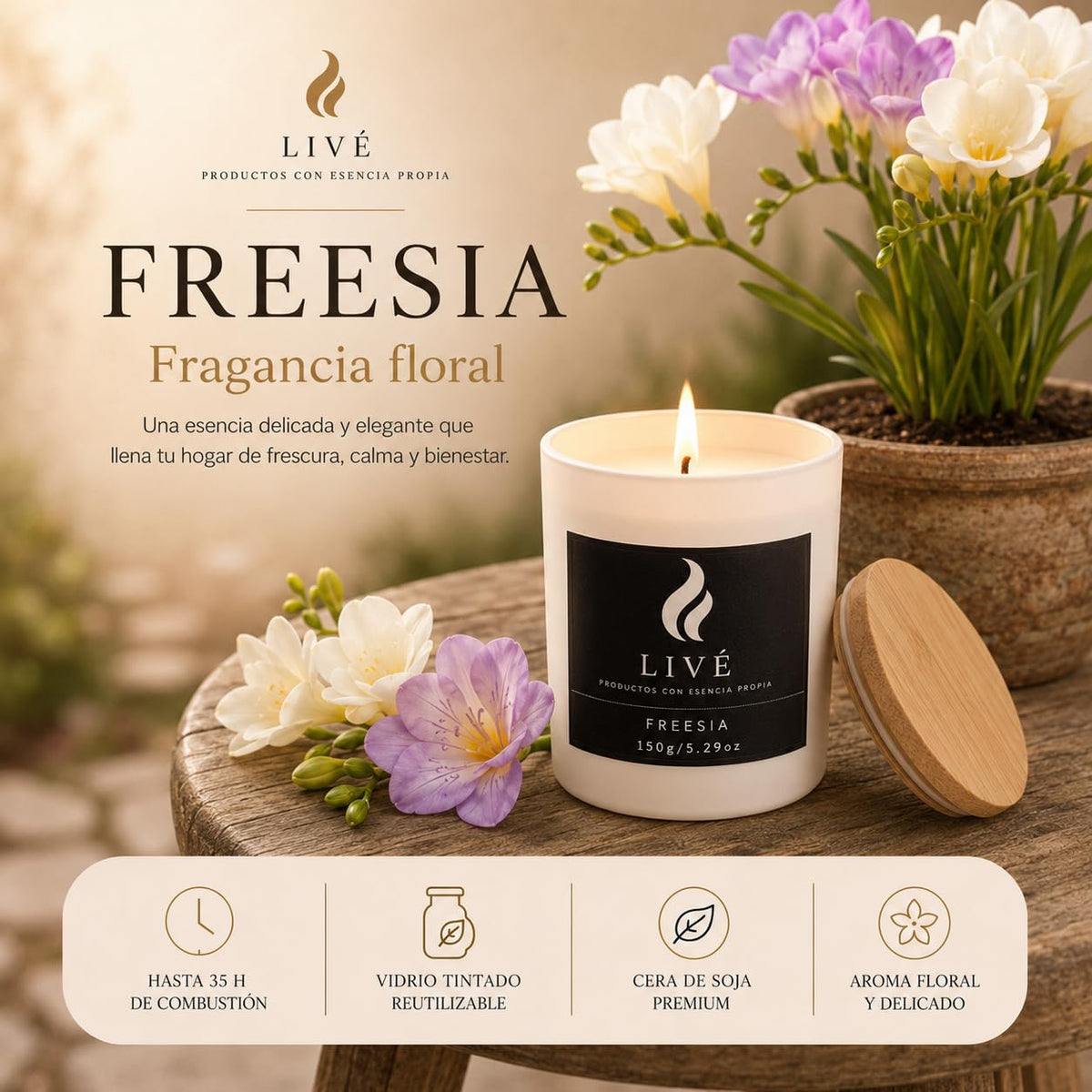 Vela de soja de fresia LIVÉ con tapa de madera