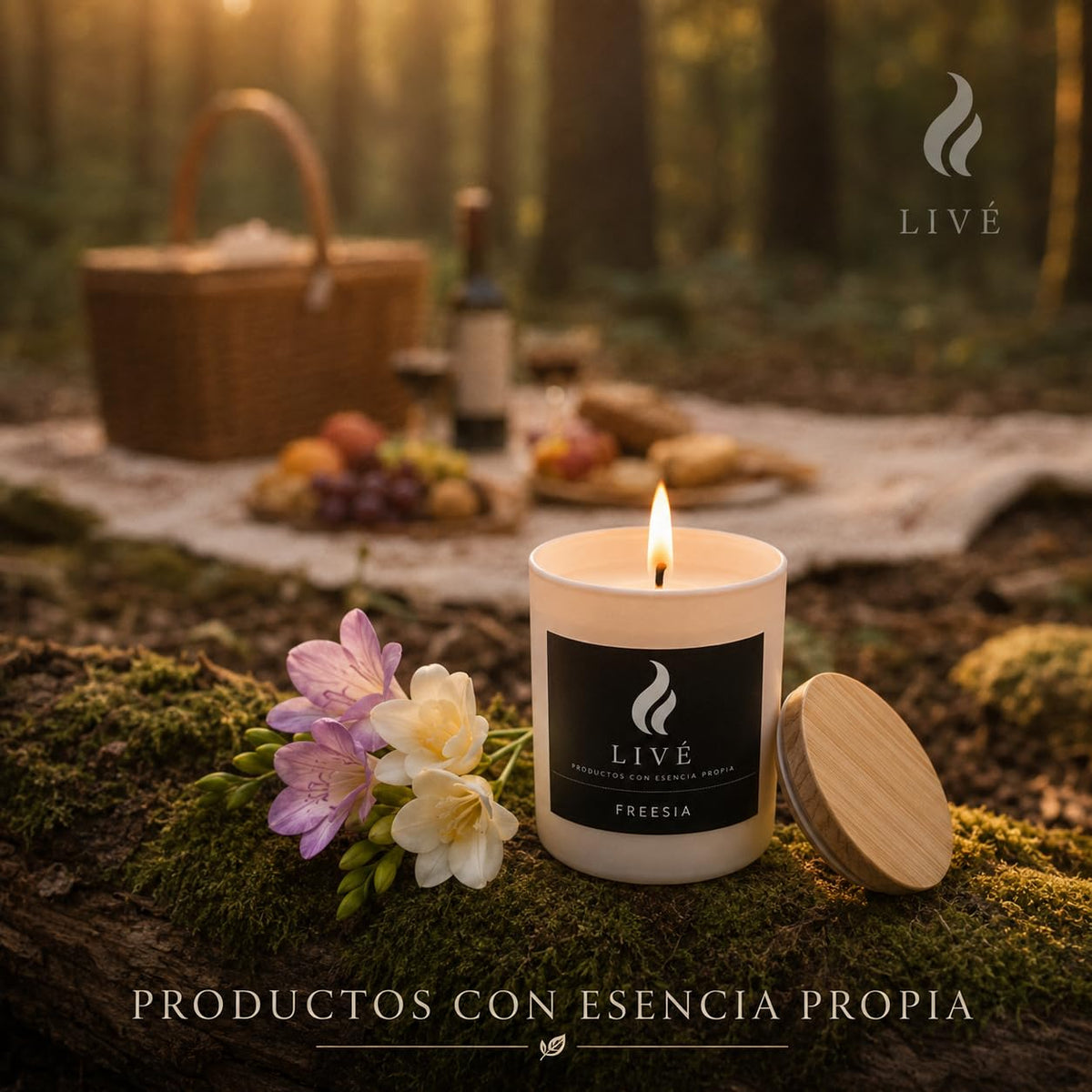 Vela de soja de fresia LIVÉ con tapa de madera