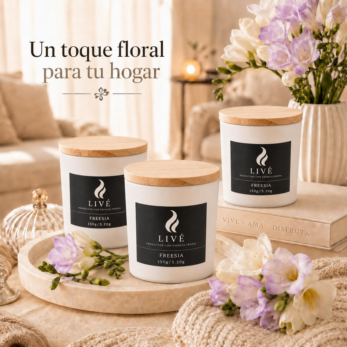 Vela de soja de fresia LIVÉ con tapa de madera